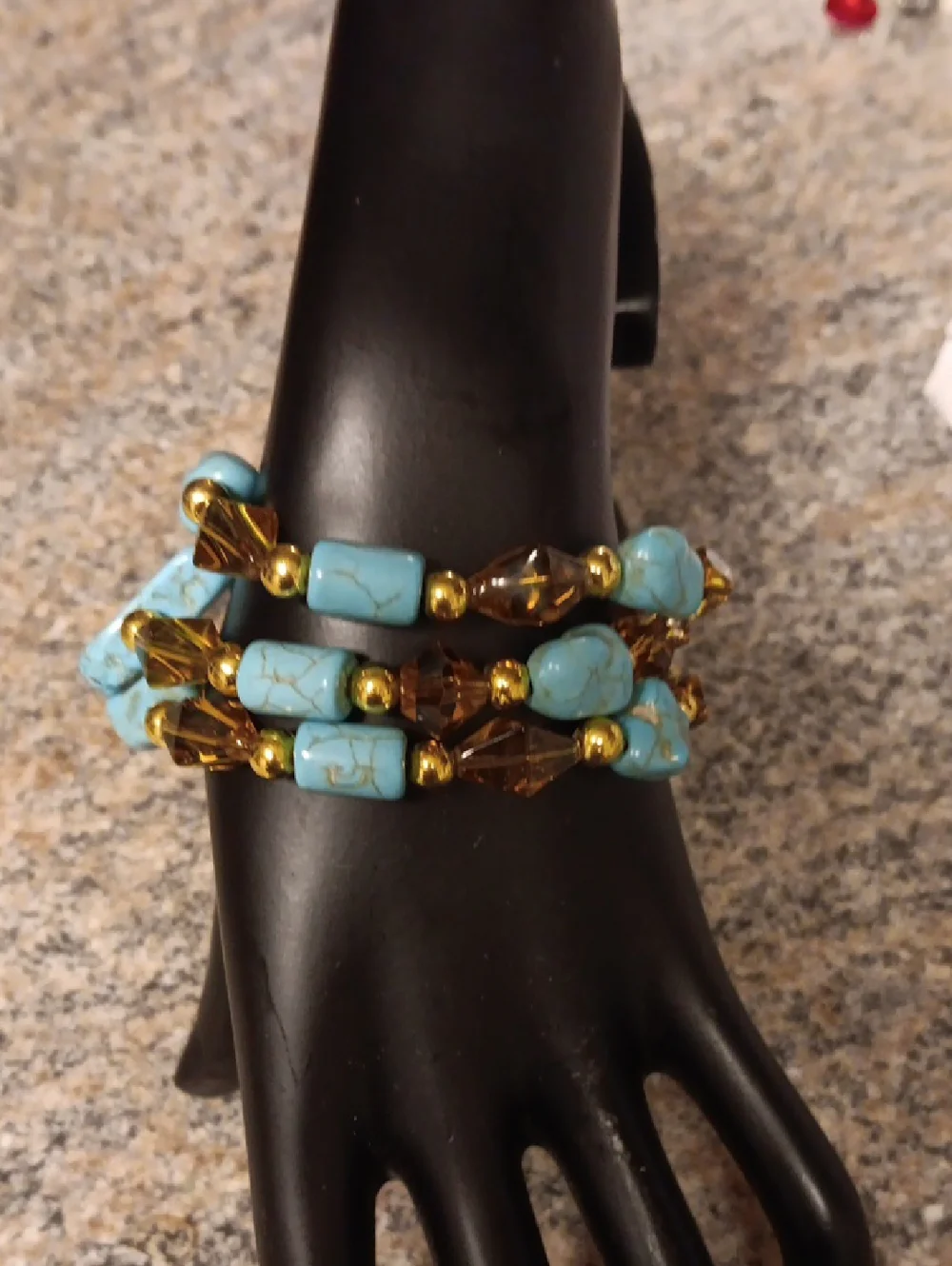 Handmade BEADED THREE TIER TURQUOISE AND Gold GLASS BEADED BRACLET